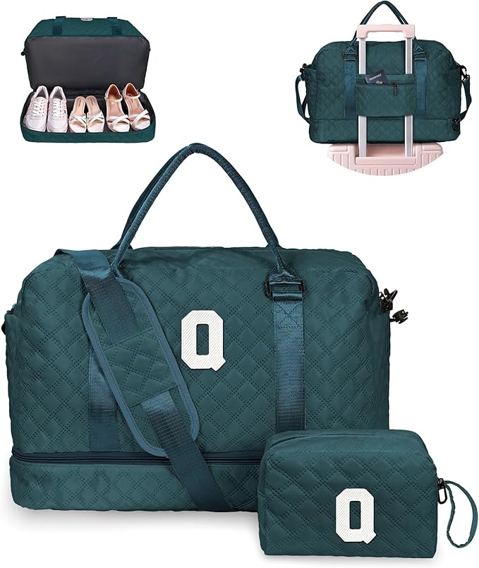 Womens Birthday Gift, Birthday Gift-Initial Travel Bag with Shoe Compartment, Personalized Weekender Bag, Monogram Overnight Bag for Women, Kids Duffel Bag with Makeup Bag (Letter Q)