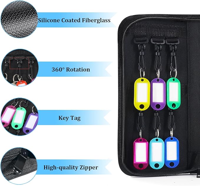Portable Zippered Key Organizer, Waterproof Fireproof Key Case with 12 Key Hooks and Tags,Portable Key Storage for Rental Management Real Estate Sales Hotel Executives and Car Service (12 keys)