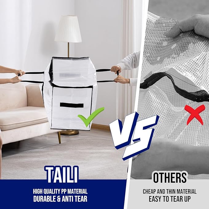 TAILI Extra Large Moving Bags, 4 Pack Clear Heavy Duty Totes For Storage with Visible Window, Wrap Around Handles, Storage Bags for Space Saving, Alternative to Moving Boxes