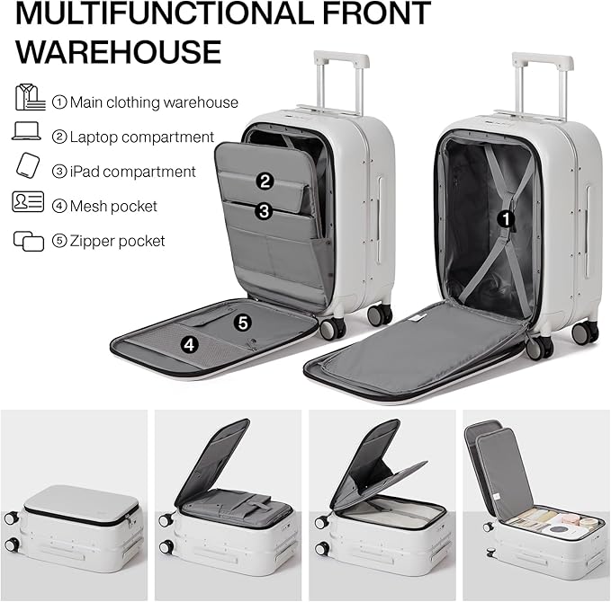 mixi Luggage Suitcase with Spinner Wheels, 24'' Checked Travel Luggage Aluminum Frame PC Hardside with TSA Lock & Cover - Smoke White
