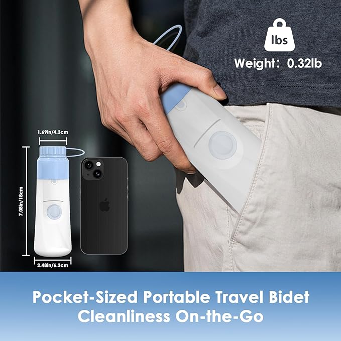 Portable Bidet for Travel – 350ml High Pressure Handheld Electric Portable Bidet - IPX7 Waterproof, Pocket-Sized Rechargeable Travel Budet Bottle for Women, Men & Baby - Personal Hygiene Cleaning