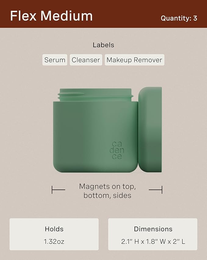 Cadence Travel Containers - Core Skincare Set - Magnetic Containers with Lids,2 Small (0.56oz) & 3 Medium (1.32oz) - Cleanser, Moisturizer, Serum, Makeup Remover & Sun Icon Labels - Petal