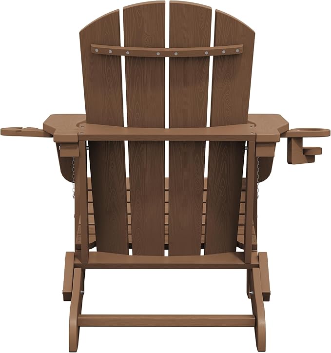 SERWALL Folding Adirondack Chair, Dual Cup Holders & All-Weather HDPE, Wood-Like Patio Chair for Backyard, Camping，Pool & Fire Pit- Brown