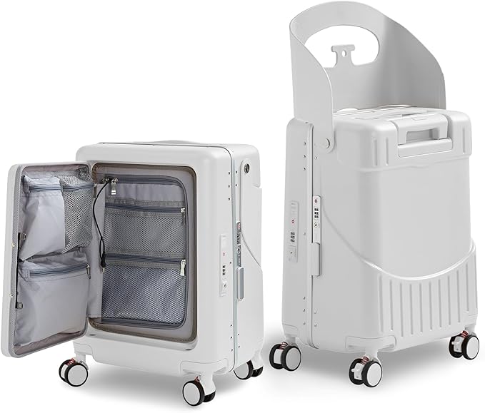 TABU 20" Ride-on Luggage with Seat，Front Opening Carry-On Hardshell Ride On Suitcase with Built-in Charging Port, 360° Lockable Spinner and TSA Lock, for Kids & Adults, White