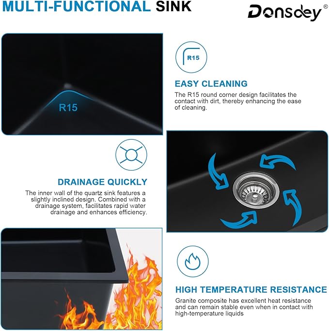 33 Inch Drop in Granite Composite Black Kitchen Sink-Donsdey Double Bowl Topmount 60/40 Basin Quartz Workstation Sink with Luxury Accessories Easy Cleaning Noise Reduction