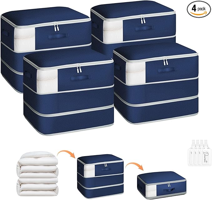 4 Pack Compression Storage Bags - 110L Large Capacity Comforter Storage Bag, 3-Layer Washable Ultra Space Saving Self Compression Organizer Space Bags for Blanket, Sweater, Sheet, Navy Blue