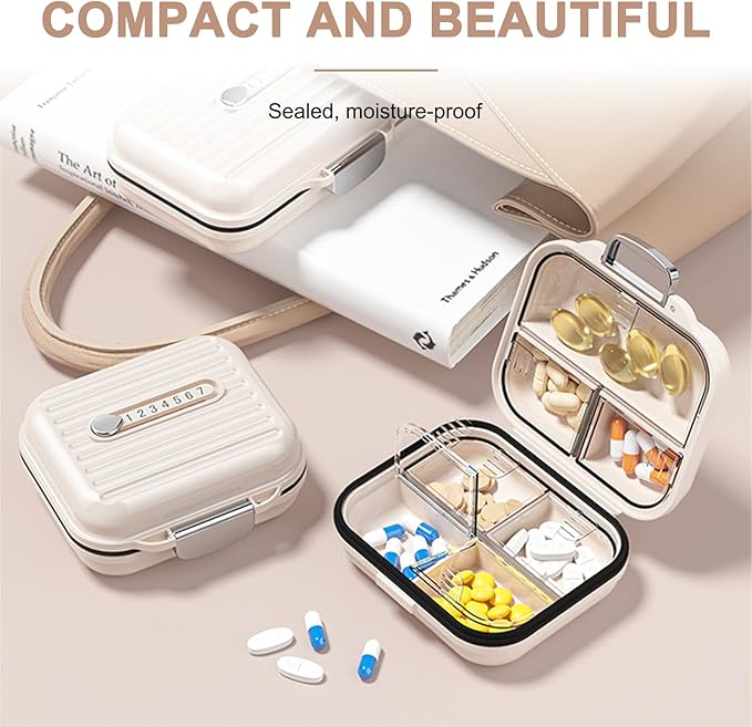 Travel Pill Organizer Box with Medicine Labels, 2Pack 7 Compartments Portable Pill Case, Daily Medication Organizer Storage Pill Container for Pocket Pharmacy(Pearly White S+L 2Pack)