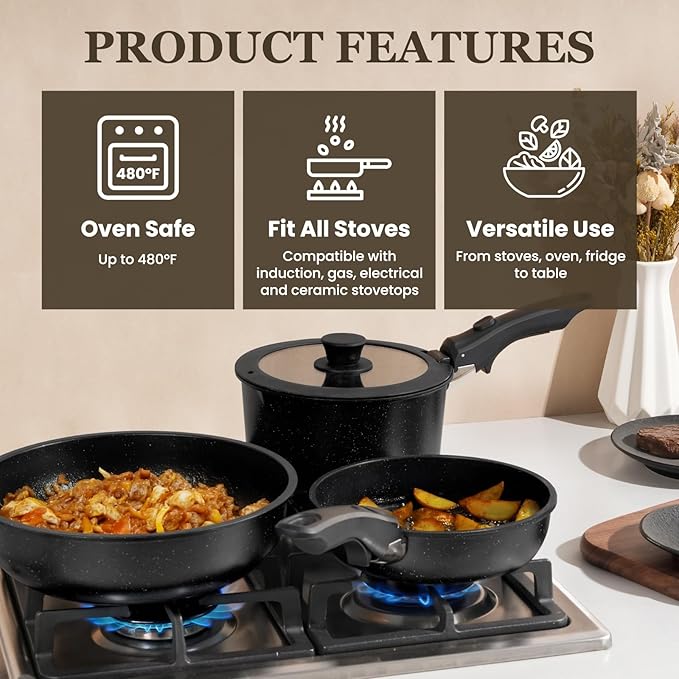 KIKCOIN 20 Pcs Pots and Pans Set Non Stick, Detachable Handle Cookware Sets Nonstick, Non Toxic Induction RV Kitchen Cooking Set with Removable Handles, Dishwasher/Oven Safe, Easy Clean (Black)