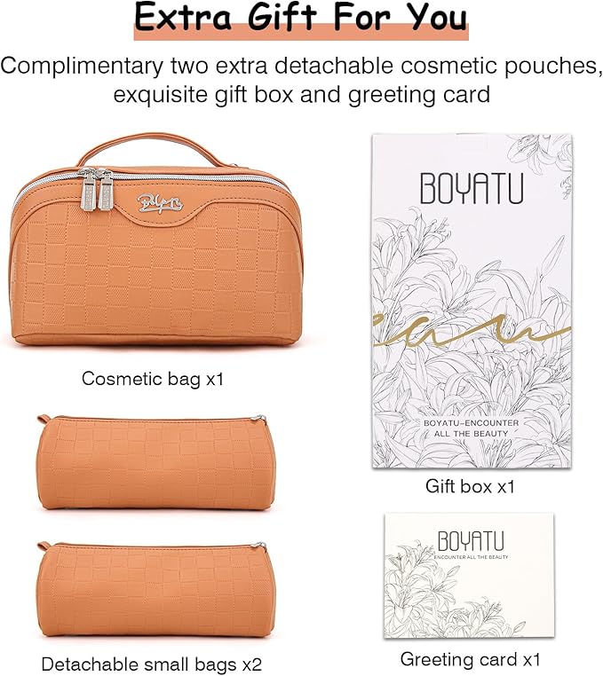 Travel Makeup Bag Organizer Cosmetic Bag: 3 Pcs Set Make up Bags for Women with Handle - Waterproof Vegan Leather Toiletry Bags with Comparments (C-08-Orange)