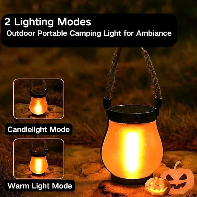 Solar Lantern Outdoor Lights, Flickering LED with Hemp Rope Handle, Dual Charging (Solar & USB), Water-Resistant Hanging Decor for Garden, Yard, Patio, Porch, Pathway, Camping (3)