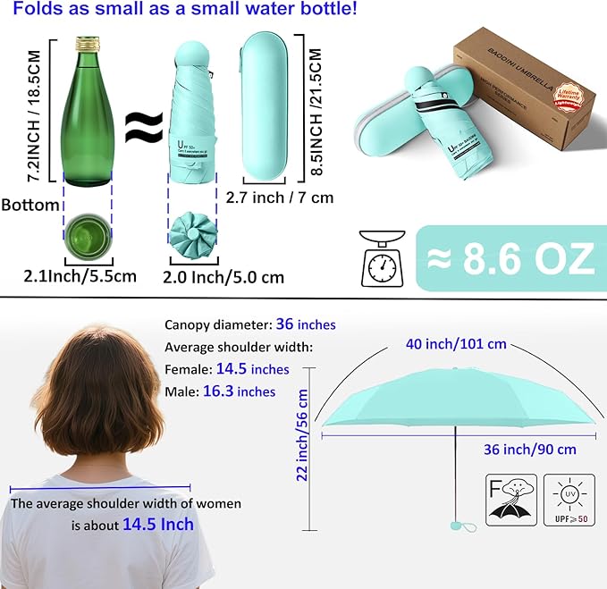 BAODINI Travel Mini Umbrella for Purse With Case Small Compact UV Sun Protection Sun Lightweight Tiny Pocket Umbrella for Women Girls and Men