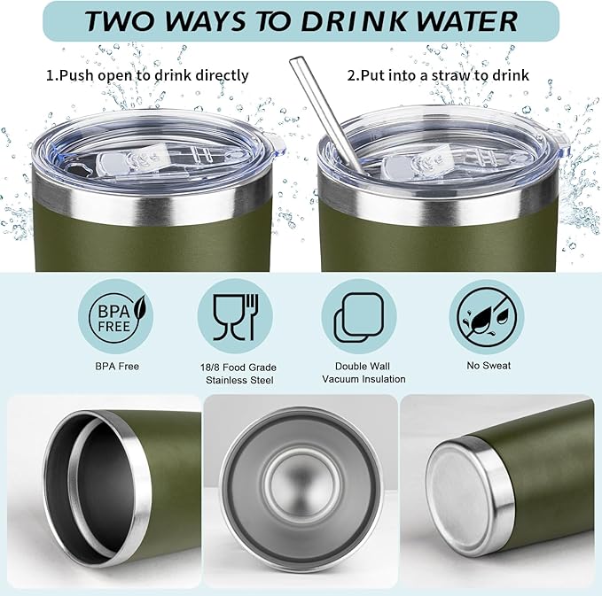 20oz Tumbler with Straw and Brush, Stainless Steel Vacuum Insulated tumbler, Double Wall Insulated Coffee Tumbler for Outdoor, Home, Travel,Office (Army Green,1pcs)