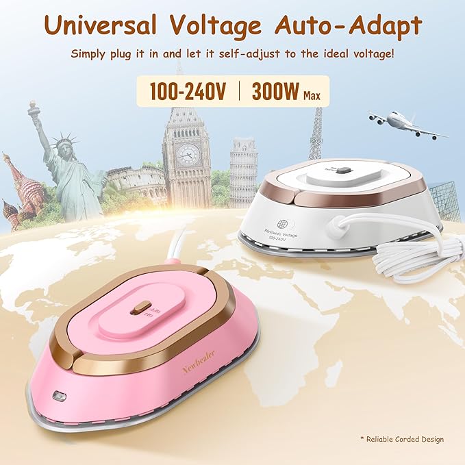 Newbealer Travel Iron with Dual Voltage - 120V/220V Lightweight Dry Iron for Clothes (No Steam), Non-Stick Ceramic Soleplate, 302℉ Heat Press Machine, w/Spray Bottle, Pouch & Silicone Stand (White)
