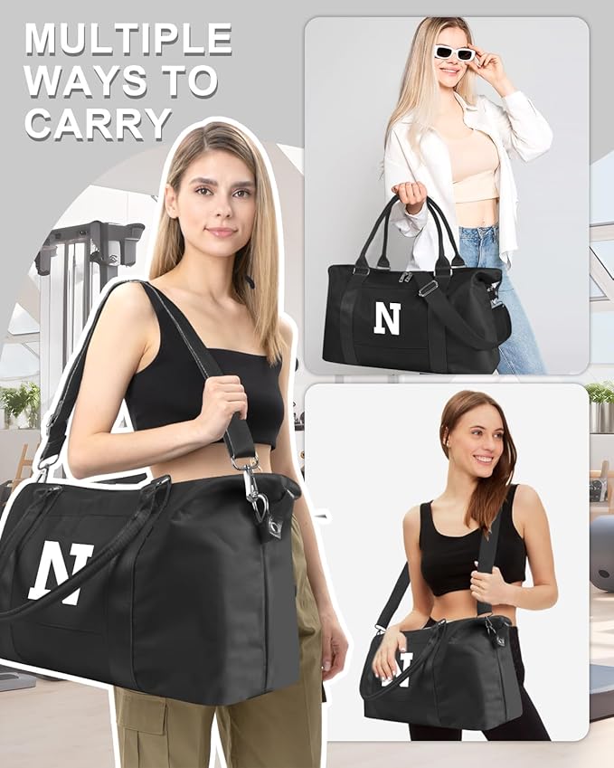 Initial Travel Duffel Bag Sports Gym Bag for Boys Teen Birthday Gifts,Black Personalized Weekender Bag Carry On Tote Bags for Men,Waterproof Overnight Luggage Bag Airplane Travel Essentials(Letter N)