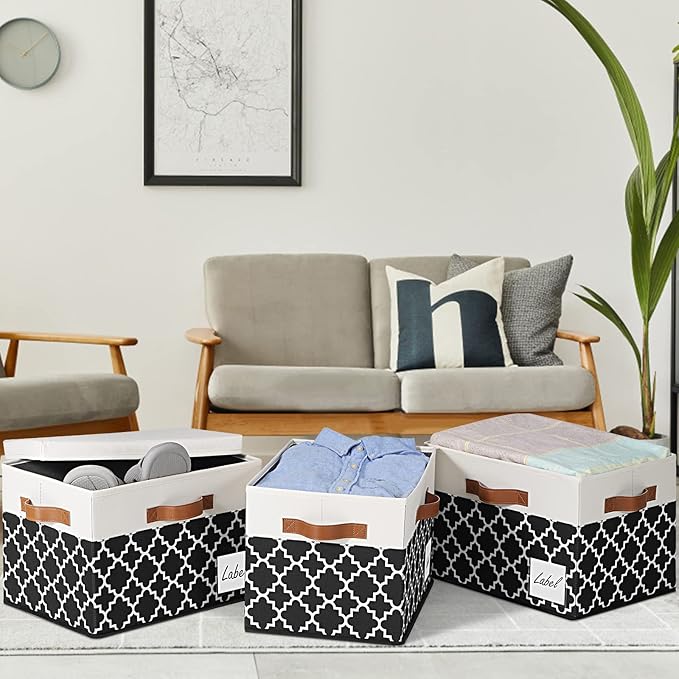 GhvyenntteS 6 Pack Fabric Storage Bins with Lids, Foldable Fabric Storage Boxes with Lids and 3 Handles, Sturdy Closet Organizers and Storage Bins with Label Window for Home (White&Lattice Black)