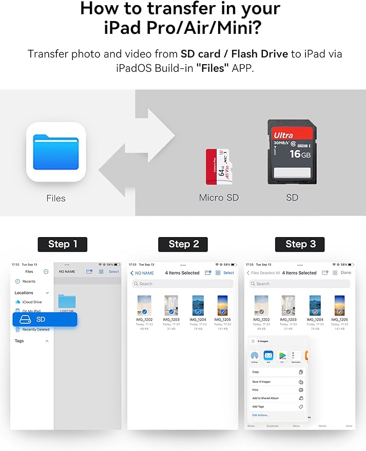 SD Card Reader for iPhone, SD Card Adapter with Lightening & USBC Dual-Connector for iPhone 5-14, USB-C iPhone 15, iPad, Mac or MacBook, Supports SD MicroSD Trail Camera Viewer, Plug and Play