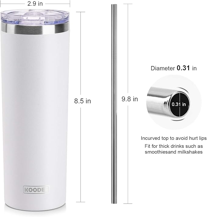 koodee 20 oz Skinny Tumblers (4 Pack) Stainless Steel Insulated Tumbler with Lids, Straws and Straw Brushes（Teal/Pink/Black/White）