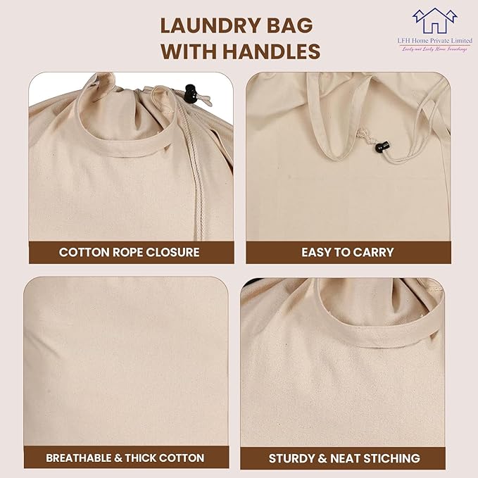 LFH Home Cotton Canvas Large Laundry Bag with Handle, Heavy Duty Drawstring Closure Washable Laundry Bags School Travel, Home, Hotel, College Dorm, Organizer Sack, Toys Clothes 20x30-Natural