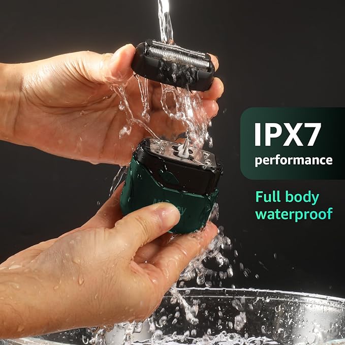Electric Foil Shavers for Men, Mini Electric Razor, Compact Face Shaver, IPX7 Waterproof Wet Dry Cordless Razor, LED Display, USB-C Fast Rechargeable, Emerald Green