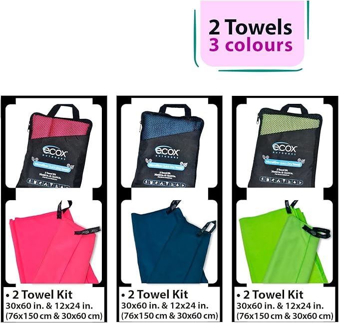 Outdoors Microfiber Towel Fast Drying Soft Feel Fast Action Drying for Gym Beach Outdoors Travel Yoga Camping Compact Size 2 Piece Set 30x60 in and 12x24 in Green MFT2PG