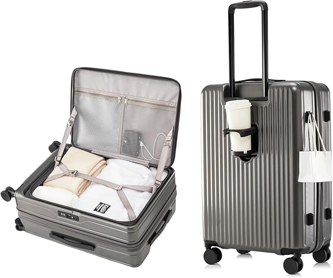 HotWay 26 Inch Expandable Checked Luggage with Cup Holder, Hardside TSA Approved Luggage with Spinner Wheels, Top Opening Suitcase For Travel, Gray