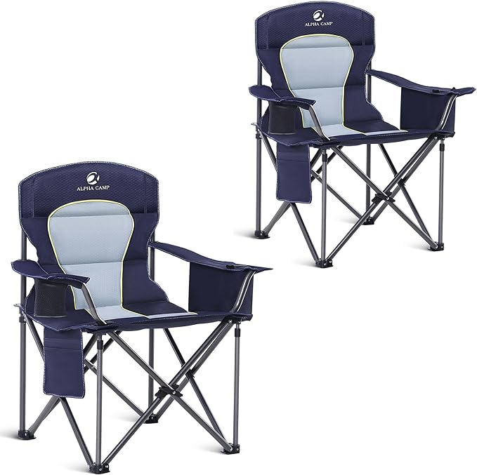 ALPHA CAMP Oversized Camping Chair Heavy Duty Lawn Chair with Cooler Bag Support 450 LBS Steel Frame Collapsible Padded Arm Quad Lumbar Back Folding Chair for Lawn Outdoor