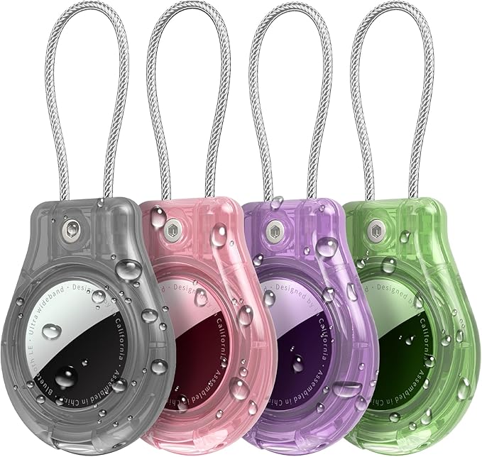 4 Pack Protect Case Compatible with Apple AirTag, Secure GPS Tracker Holder Waterproof with Wire Cable Shockproof & Anti-Theif Suitable for Keychain, Keys, Luggage, Bags and Kids Luggage (4 Pack)