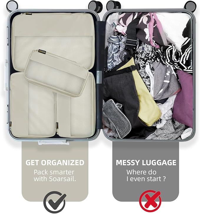 4 Piece Compression Packing Cubes for Suitcases and Backpack, Lightweight Travel Organizers (Off-White)