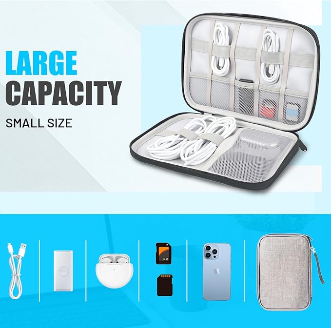 Travel Cable Organizer Bag, Electronics Organizer Tech Pouch with Double Layers for Cords, Chargers, Phone, Earphones, USBs, SD Cards - Travel Essentials Portable Waterproof Tech Pouch