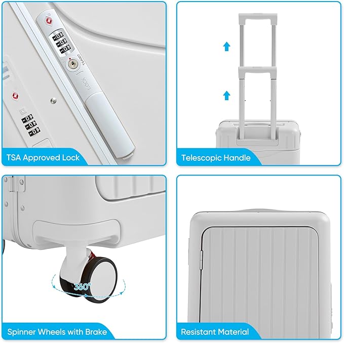 TABU 20" Ride-on Luggage with Seat，Front Opening Carry-On Hardshell Ride On Suitcase with Built-in Charging Port, 360° Lockable Spinner and TSA Lock, for Kids & Adults, White