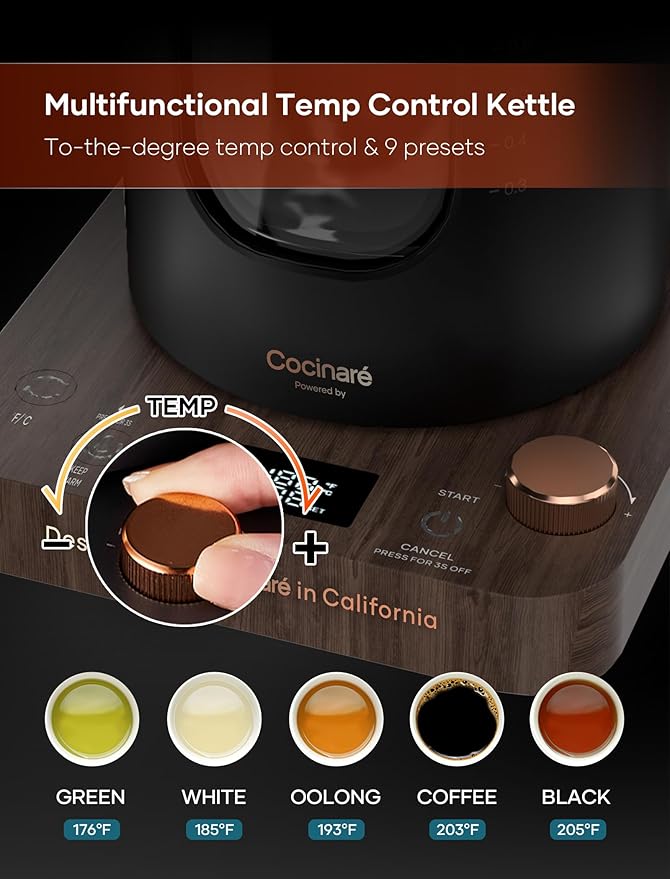 Electric Tea Kettle, INTASTING Glass Electric Kettle with tea Infuser and Precise knob temperature control, 1200W Fast Heating, BPA-Free, Easy to Clean, for Tea and coffee, 1 Liter (Wood)