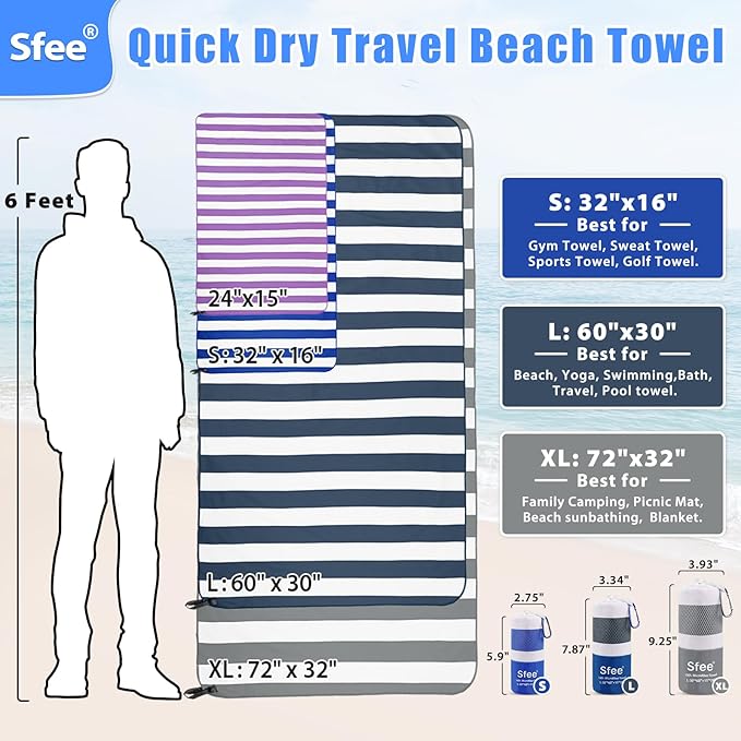 Sfee 2 in 1 Microfiber Oversized Beach Towel, Quick Dry Towel Travel Towel Camping Towel Super Absorbent Compact Lightweight Sports Gym Towels for Beach,Gym, Hiking, Pool, Backpacking, Bath, Yoga