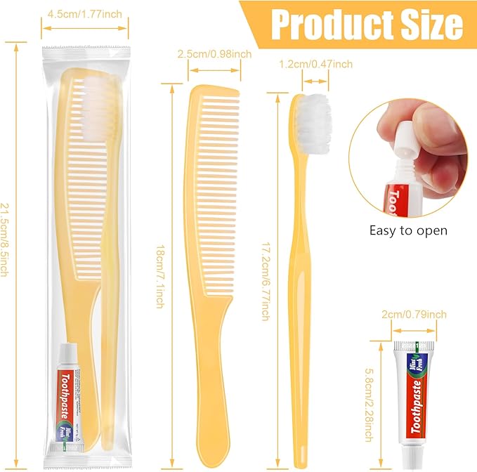 NICEMOVIC 10 Pack Disposable Toothbrushes Bulk with Toothpaste and Comb Travel Size Toothpaste Set Homeless Care Package Supplies for Bulk Individually Wrapped Disposable Travel Hotel Charity, Yellow
