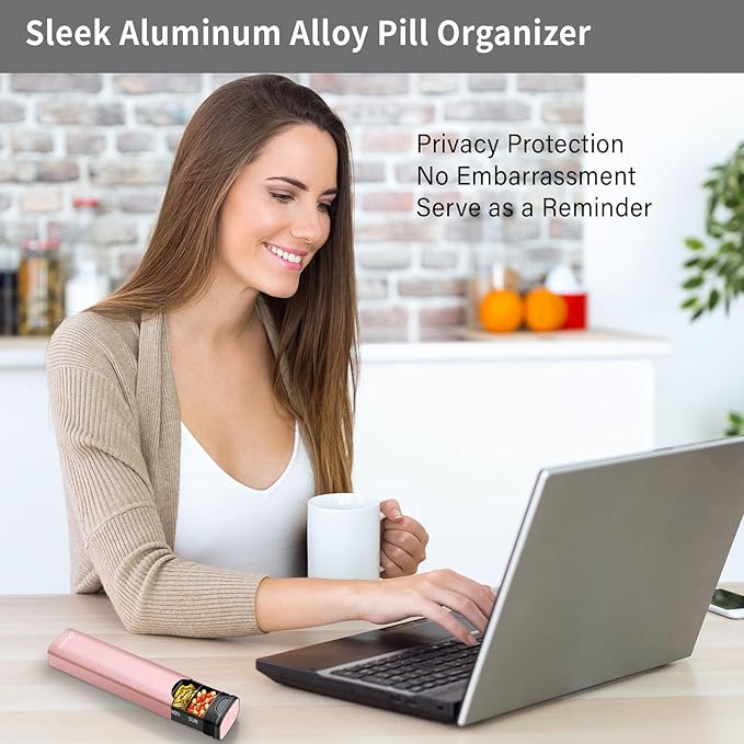 Metal Weekly Pill Organizer, Serfeymi Aluminum Daily Pill Box,7 Day Pill Case Travel Medicine Organizer,Pill Containers(Spare Gasket) for Vitamins, Fish Oils,Pills, Supplement(NO LID)- Pink
