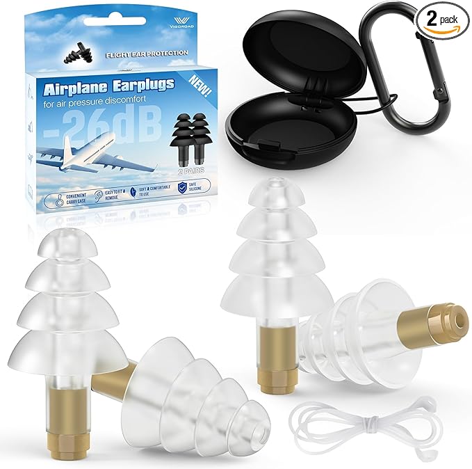 Ear Plugs for Airplane Pressure Relief, 2 Pairs Kids 6+, Adults/Small Canal Reusable Airplane Earplugs 26dB, with Silicone Connector Cord, Travel Essentials for Flying, Ear Protection Earplugs