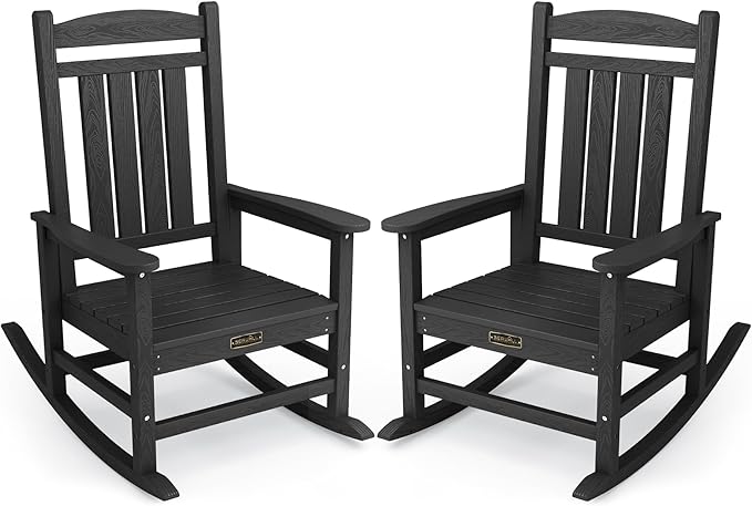 SERWALL Outdoor Rocking Chair Set of 2, HDPE Patio Rocking Chair All-Weather Porch Rocker for Balcony, Yard, Black