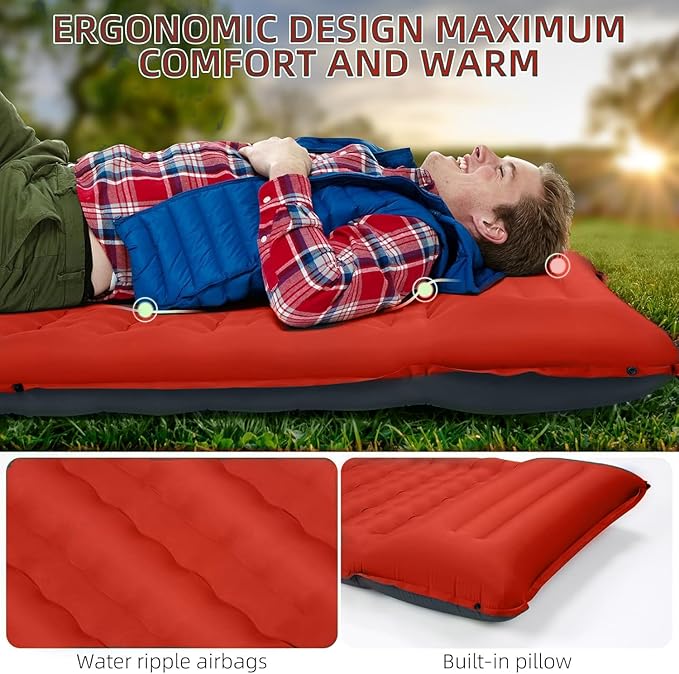 Camping Sleeping Pad, Extra Thick 5 Inch Camping Mat with Pillow Built-in Foot Pump Inflatable Sleeping Pads Compact for Camping Backpacking Hiking Traveling Tent（Orange-Black）