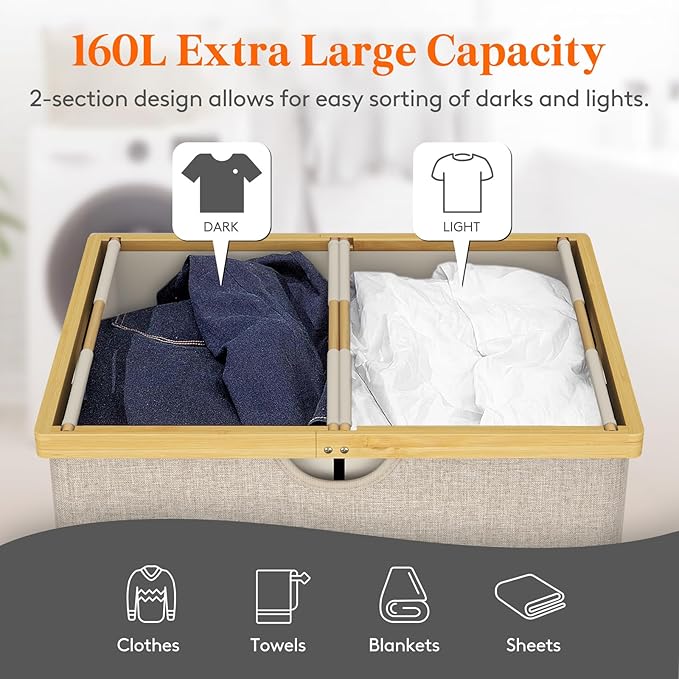 Lifewit 160L Double Laundry Hamper with Lid, Extra Large Bamboo Laundry Basket Dirty Clothes Hamper, 2 Section Laundry Bin Organizer for Laundry Room Bedroom with 2 Removable Liners & Bags, Beige