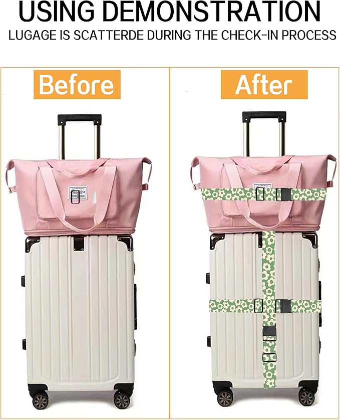 Luggage Straps for Suitcases, Adjustable Travel Belt, Durable Wide Luggage Strap, Cute Suitcase Strap Identifiers with Buckle, Bag Straps for Luggage, Grey Cute Flowers