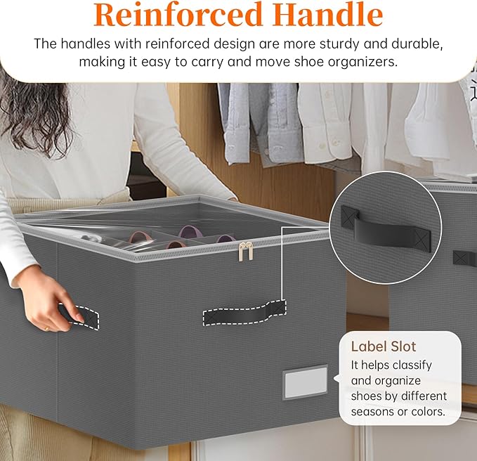 Shoe Organizer for Closet, Foldable Shoe Storage Containers, Fits up to 16 Pairs, Large Shoe Storage Organizer Box Cubby Baskets Bins with Clear Cover and Reinforced Handles, Gray