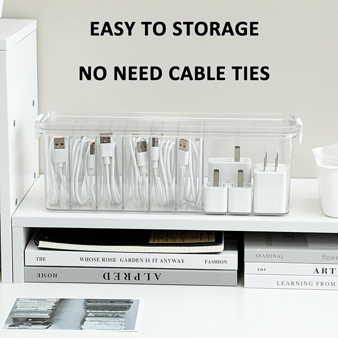 Yesesion 4 Pack Clear Cable Storage Box for Desk Drawer, Plastic Cord Organizer with Lid for Wire Ties, Electronics Accessories, Phone Charger, Art Crafts, Pencils, Marker Pen, Crayons Holder