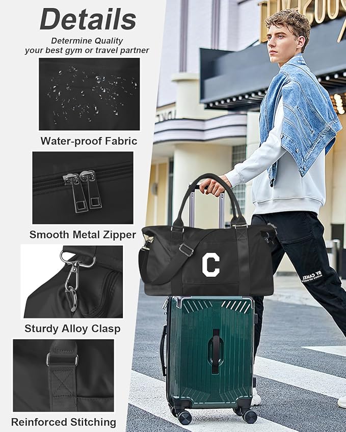 Initial Travel Duffel Bag Sports Gym Bag for Boys Teen Birthday Gifts,Black Personalized Weekender Bag Carry On Tote Bags for Men,Waterproof Overnight Luggage Bag Airplane Travel Essentials(Letter C)