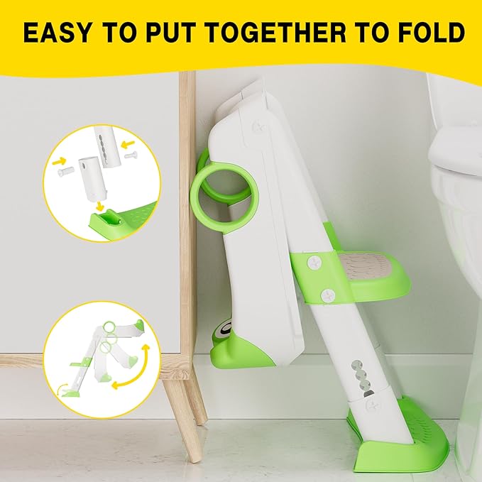 Potty Training Seat with Step Stool Ladder, Toddler Toilet Seat with PU Cushion, Adjustable 5-Level Height, Foldable Potty Training Toilet for Kids Boys Girls, Anti-Slip Pads Ladder
