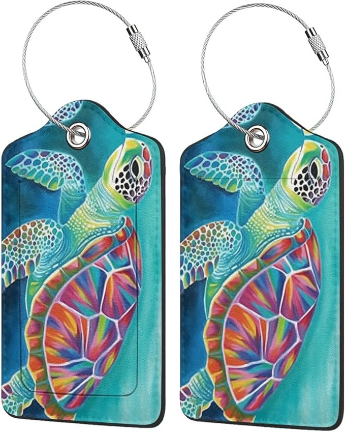 Sea Turtle Leather Luggage Tag with Stainless Steel Ring, Fun Name Id Card Cover Travel Bag Tag Set, Suitable for Travel Bag Luggage Women Men 4 PCS