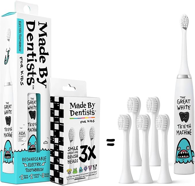 Kids Electric Toothbrush - Rechargeable Vibrating Toothbrush with Timer, Includes 6 Replacement Heads, Gently Cleans Little Teeth, for Girls and Boys, Kids & Toddlers Age 2+, Shark