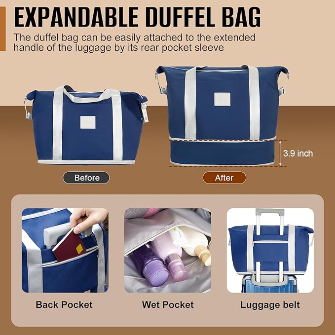 Romswi 3-Piece Carry-On Luggage Set with Cup Holder TSA Lock, 20" Hardside Spinner Suitcase with Duffel Bag, Lightweight Durable PC+ABS Navy Travel Luggage
