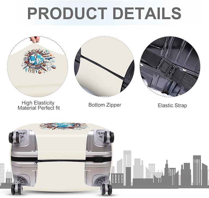 ANNA QUEEN Travel Around the World Luggage Cover, Colorful Landmark Suitcase Protector with Airplane & Globe Design, Stretchable, Washable Travel Sleeve for 28-30 Inch Luggage