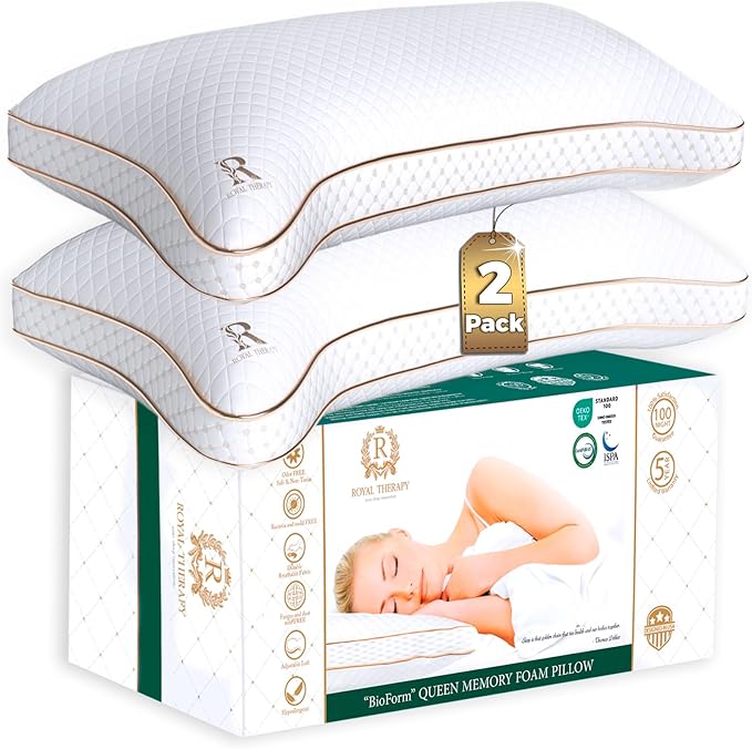 Royal Therapy Queen Memory Foam Pillows 2-Pack - Shredded Memory Foam Pillow for All Sleep Positions - Medium Firm Pillow with Adjustable, Bamboo Rayon Cover, CertiPUR-US, Oeko-TEX Certified