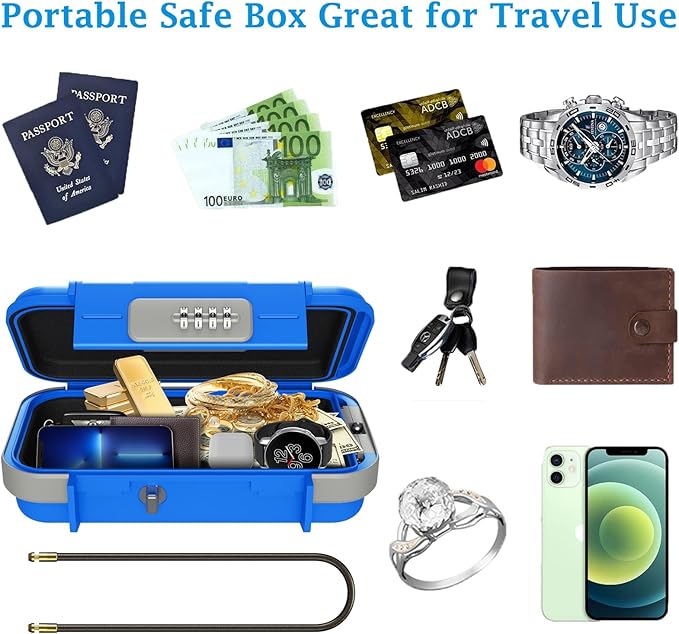 AMIR Portable Safe Box, Combination Security Case LockBox with Code, Waterproof Anti-Theft Mini Travel Safe Lockbox with Removable Chain, Portable Lock Box for Car Dorm Beach Hotel Personal Items Safe