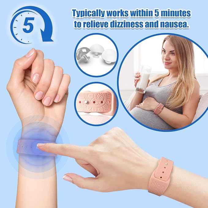 Hion Motion Sickness Bracelets Sea Sickness Wristbands for Motion Sickness/Morning Sickness/Pregnancy Nausea Anti Nausea Wristband Acupressure Nausea Bands Motion Sickness Bands（2Pairs-Bule+Pink）